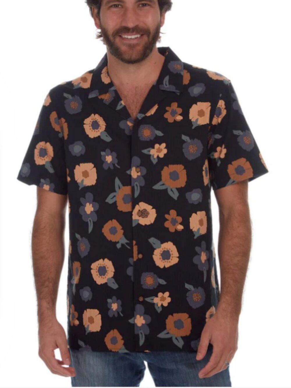 PX Clothing Men's Kai Printed Seer Sucker Shirt in Black - XL